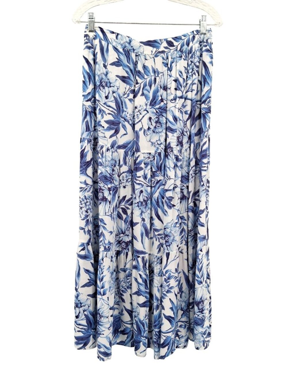 Cynthia Rowley Blue & White Floral Tiered Maxi Skirt Size Small Cottagecore